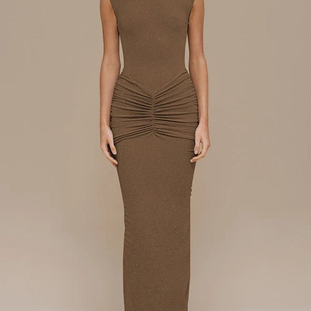 Camilla Sleeveless Ruched Maxi Dress Mocha Taupe - Fashion Pov