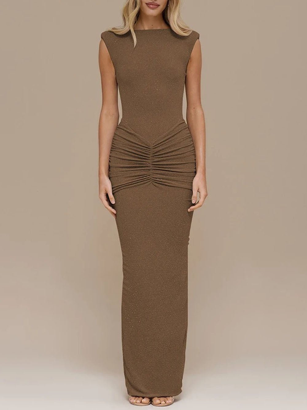 Camilla Sleeveless Ruched Maxi Dress Mocha Taupe - Fashion Pov