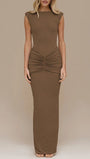 Camilla Sleeveless Ruched Maxi Dress Mocha Taupe - Fashion Pov