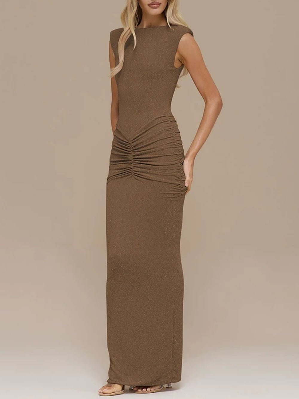 Camilla Sleeveless Ruched Maxi Dress Mocha Taupe - Fashion Pov