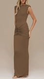 Camilla Sleeveless Ruched Maxi Dress Mocha Taupe - Fashion Pov