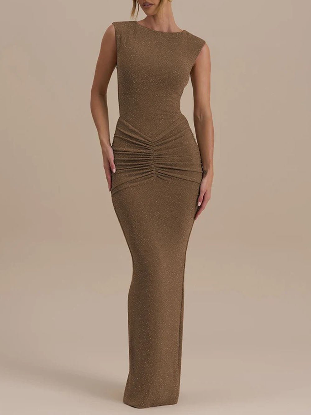 Camilla Sleeveless Ruched Maxi Dress Mocha Taupe - Fashion Pov