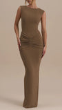 Camilla Sleeveless Ruched Maxi Dress Mocha Taupe - Fashion Pov