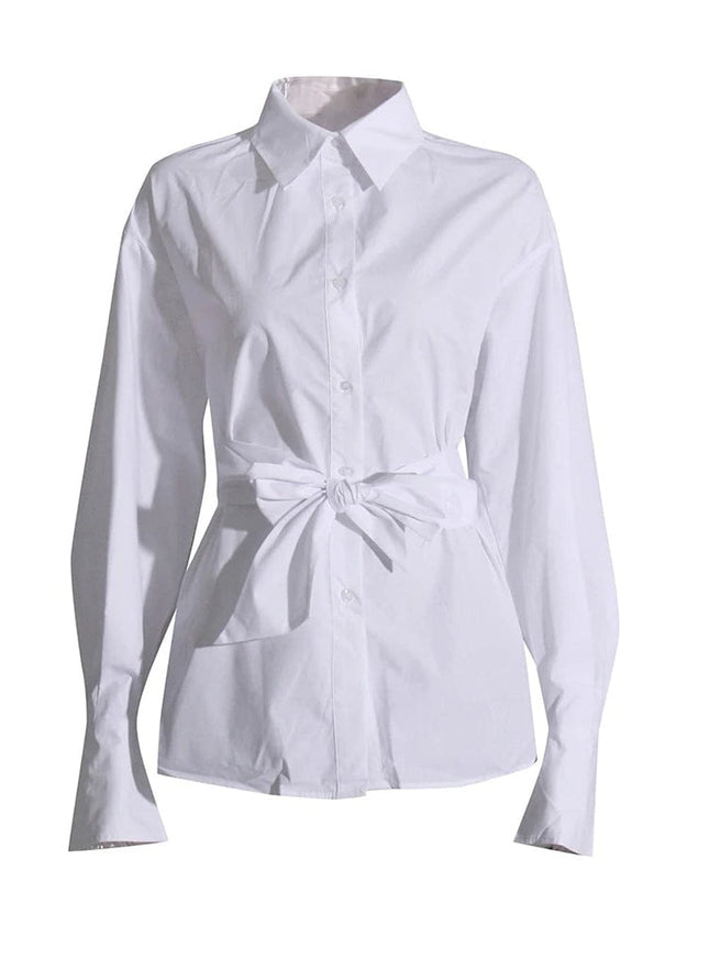 Cara Hollow Out Spliced Lace Up Shirt - Fashion Pov