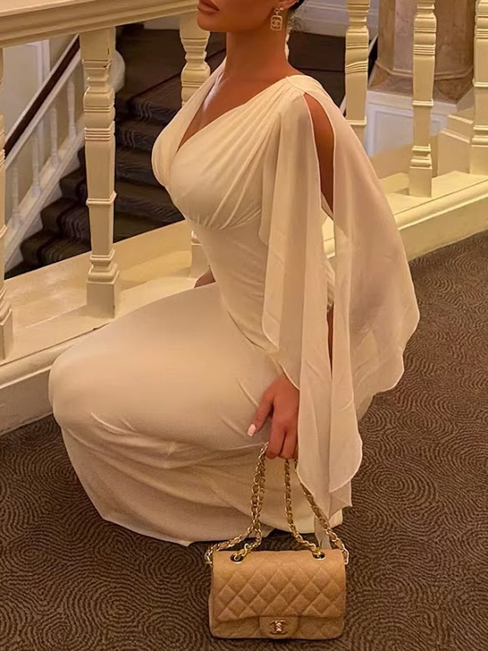 Celeste Cape Sleeve V Neck Gown Dress - Fashion Pov