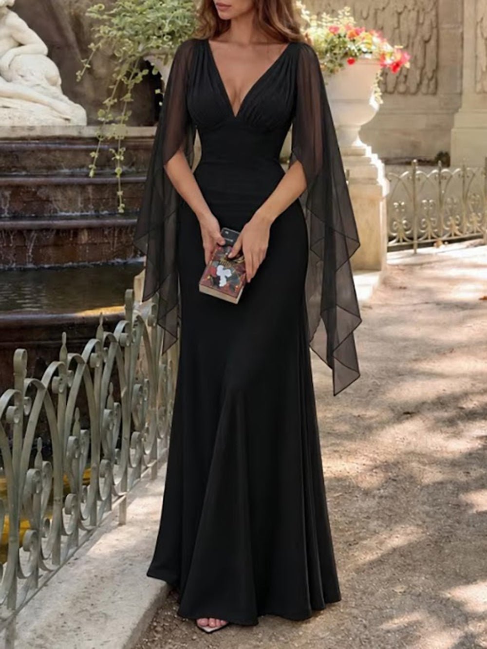 Celeste Cape Sleeve V Neck Gown Dress - Fashion Pov