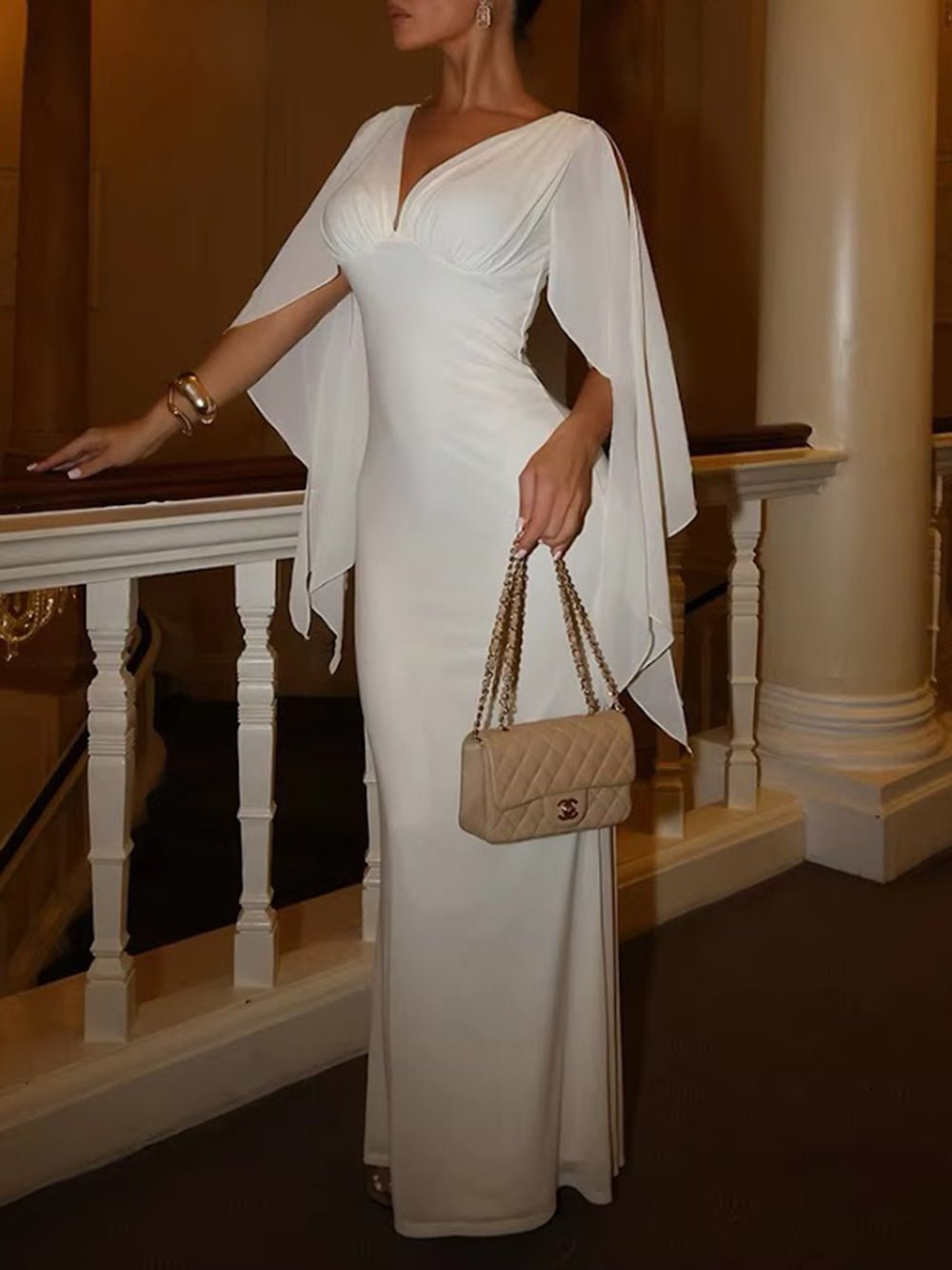 Celeste Cape Sleeve V Neck Gown Dress - Fashion Pov