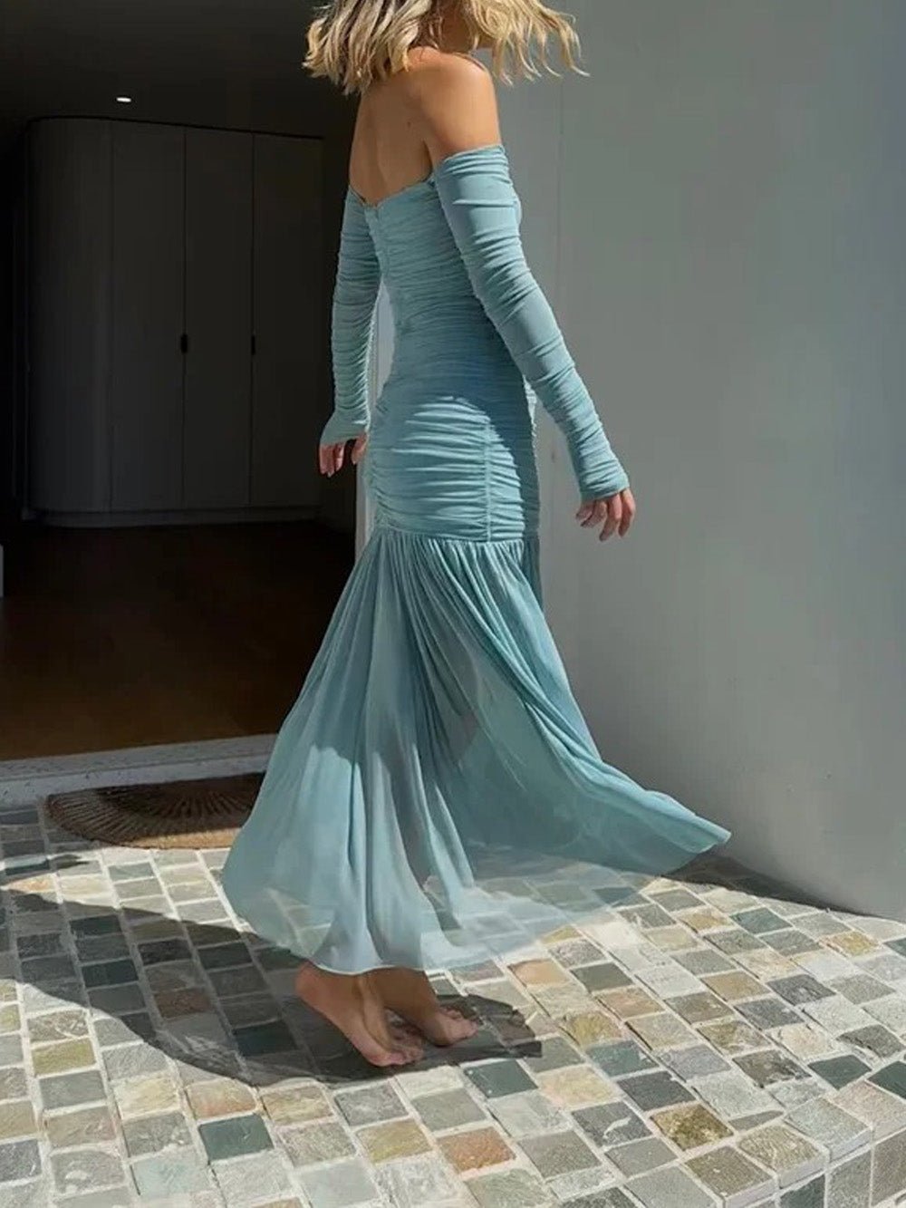 off the shoulder pleated maxi dress Hutch Long-Sleeve Off-The-Shoulder Pleated Maxi Dress