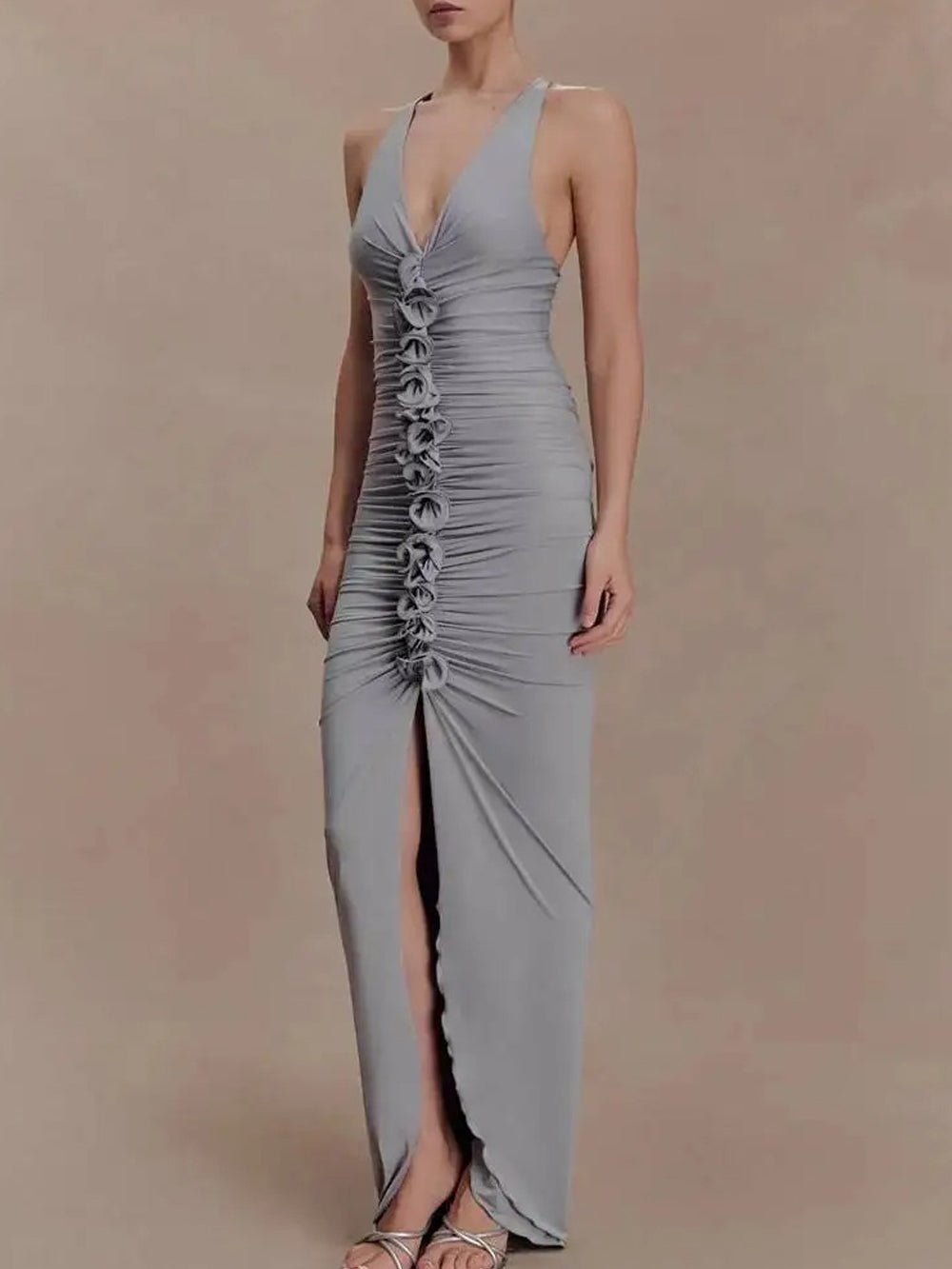 Celeste Ruched Halter Maxi Dress - Fashion Pov