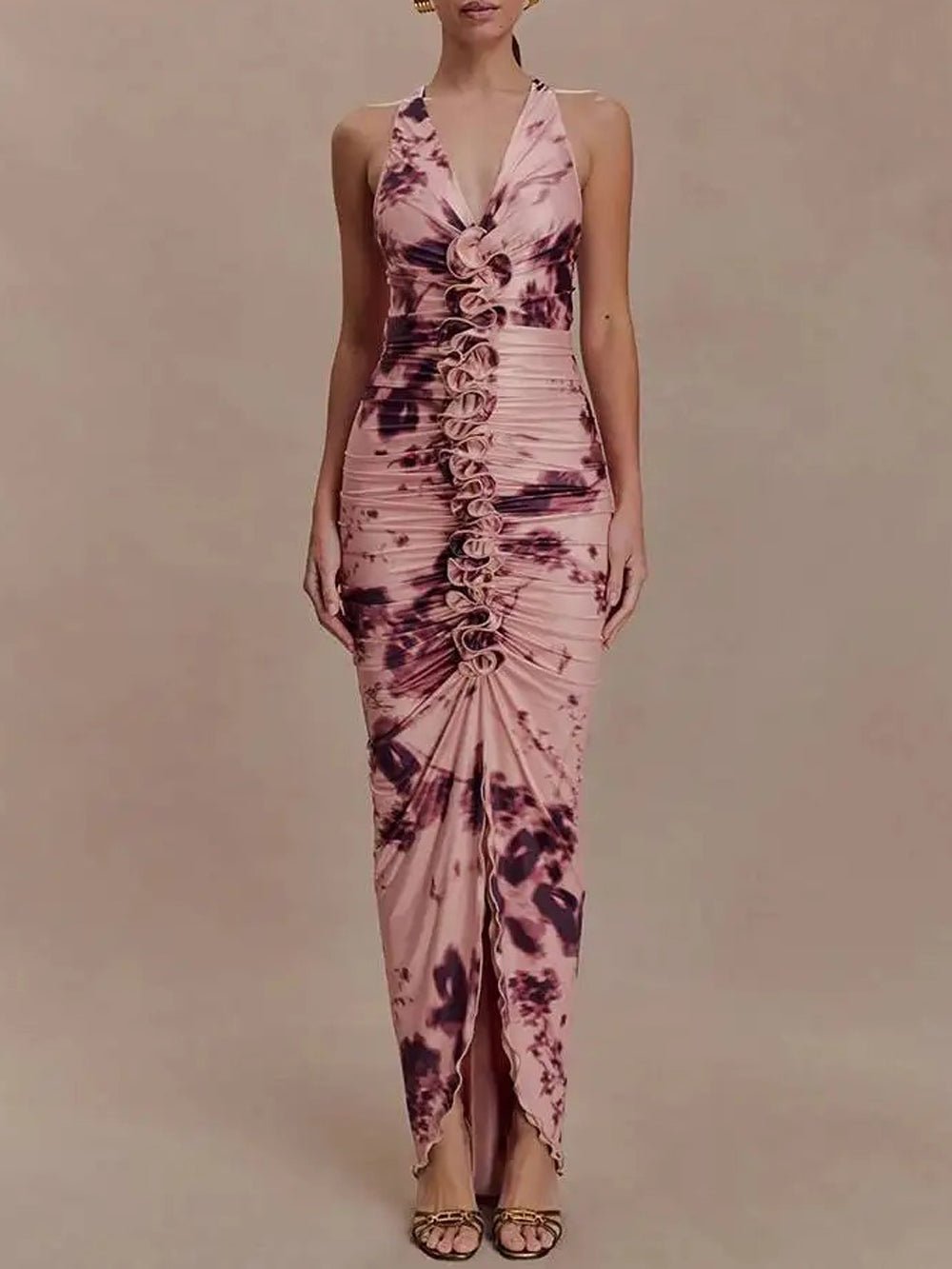 Celeste Ruched Halter Maxi Dress - Fashion Pov