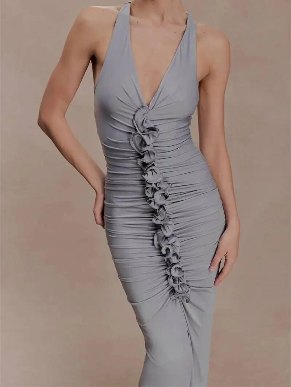 Celeste Ruched Halter Maxi Dress - Fashion Pov