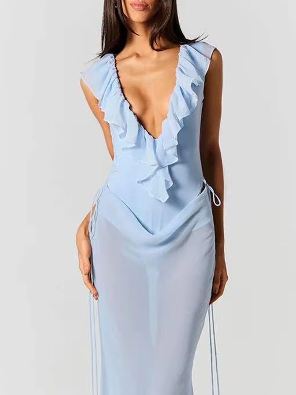 Celeste Ruffled Plunge Gown Dress - Fashion Pov