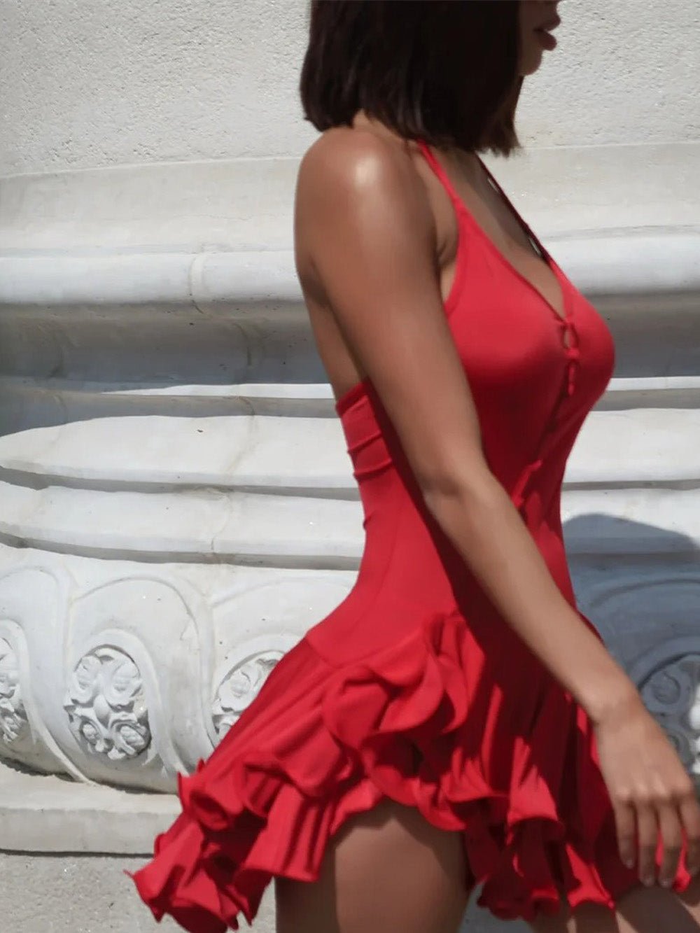 Chloe Halter Ruffled Mini Dress Red / L