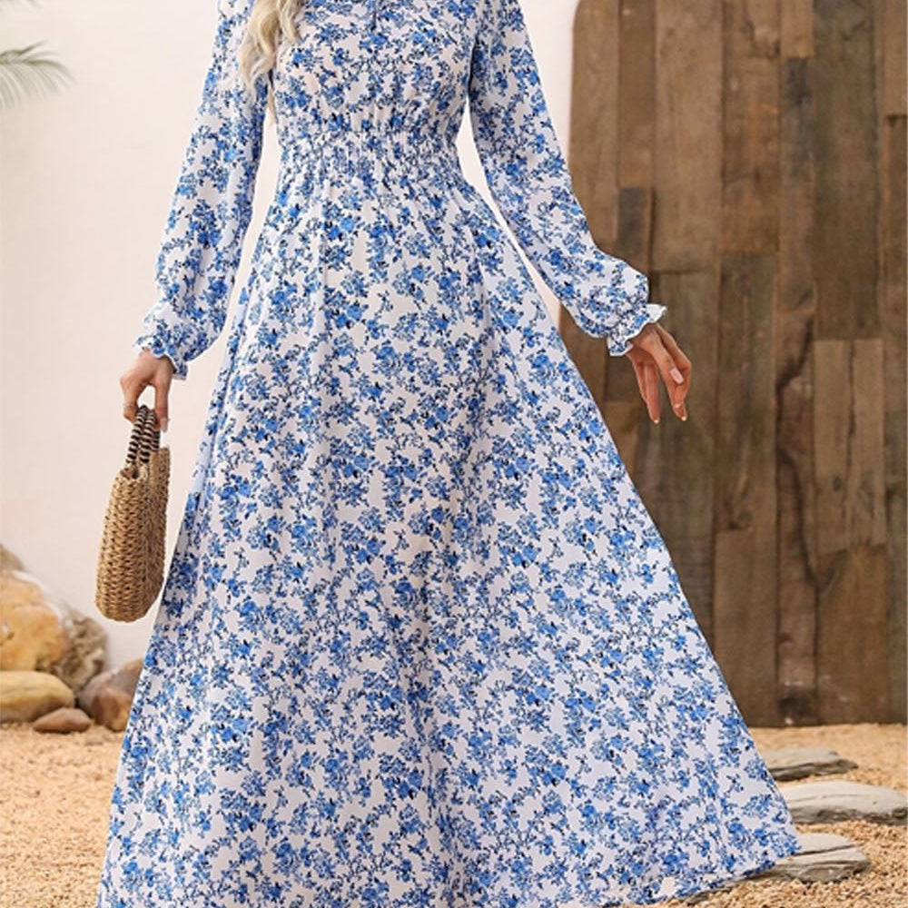 Daisy Floral Long Sleeve Maxi Dress Blue / XXL
