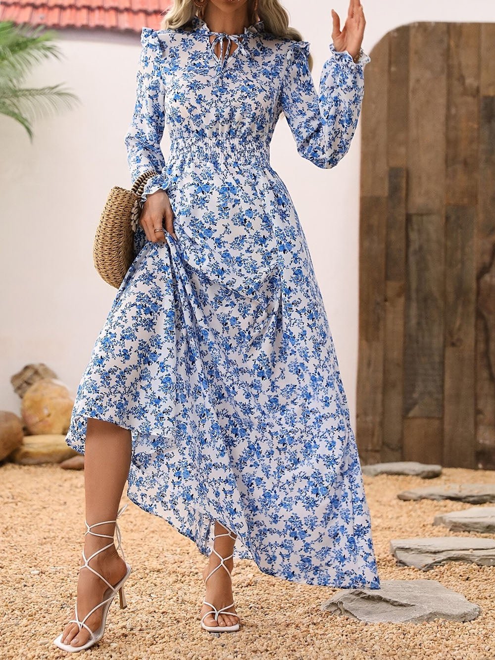 Daisy Floral Long Sleeve Maxi Dress Blue / XXL