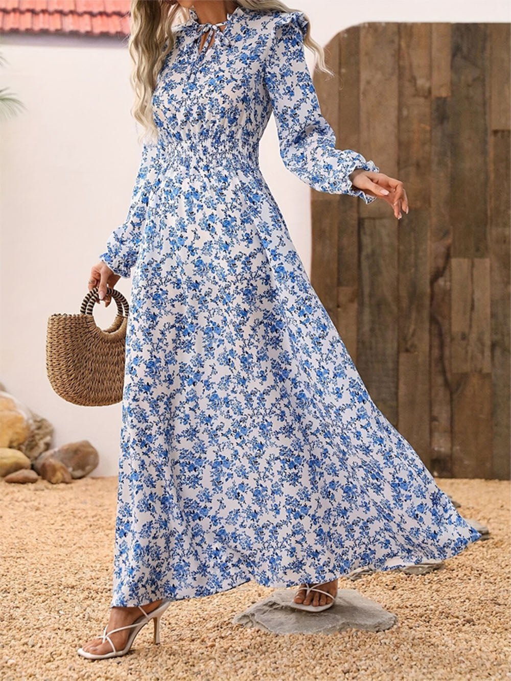 Daisy Floral Long Sleeve Maxi Dress Blue / XXL