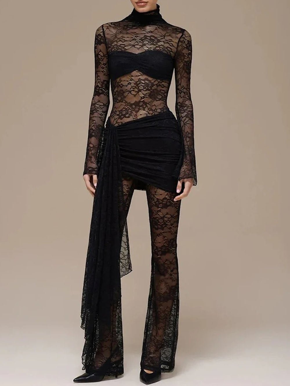 Elena Lace Sheer Draped Jumpsuit - Fashion Pov