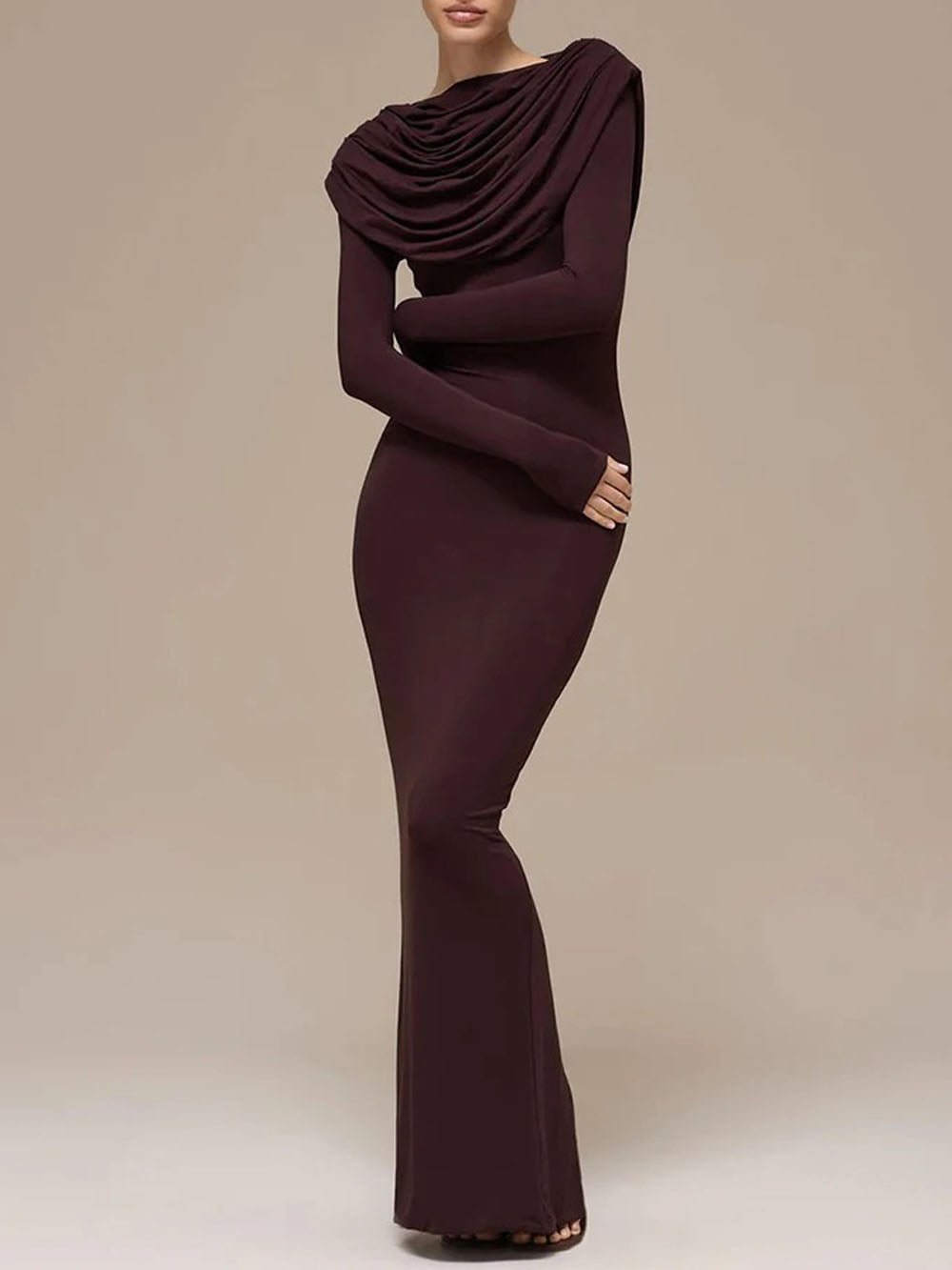 Elena Ruched Long Sleeve Maxi Dress Brown / L Elena Ruched Long Sleeve Maxi Dress Brown / L