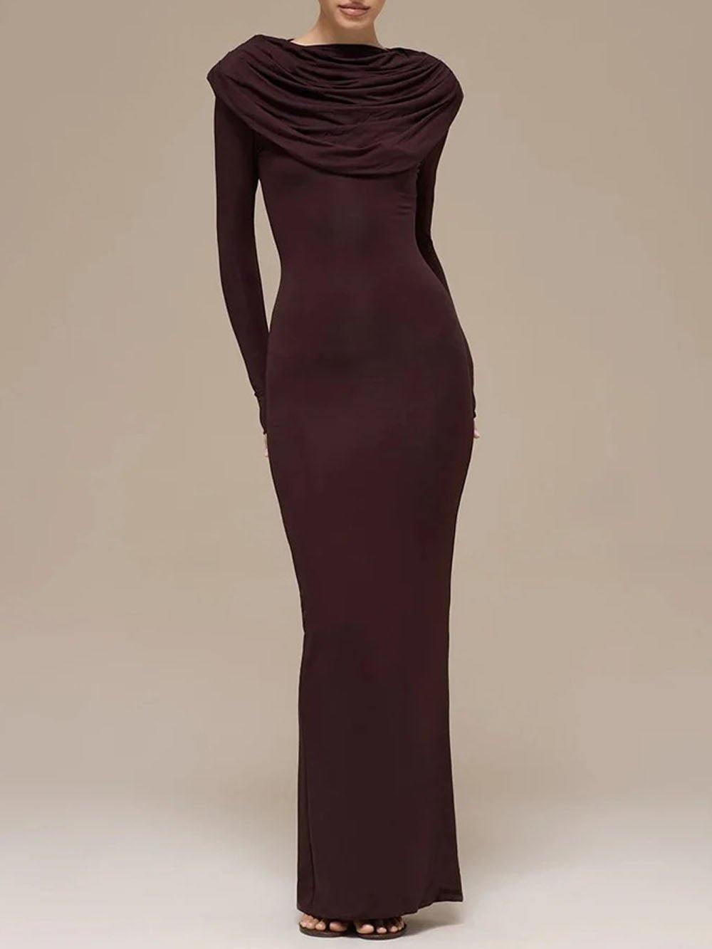 Elena Ruched Long Sleeve Maxi Dress Brown / L Elena Ruched Long Sleeve Maxi Dress Brown / L