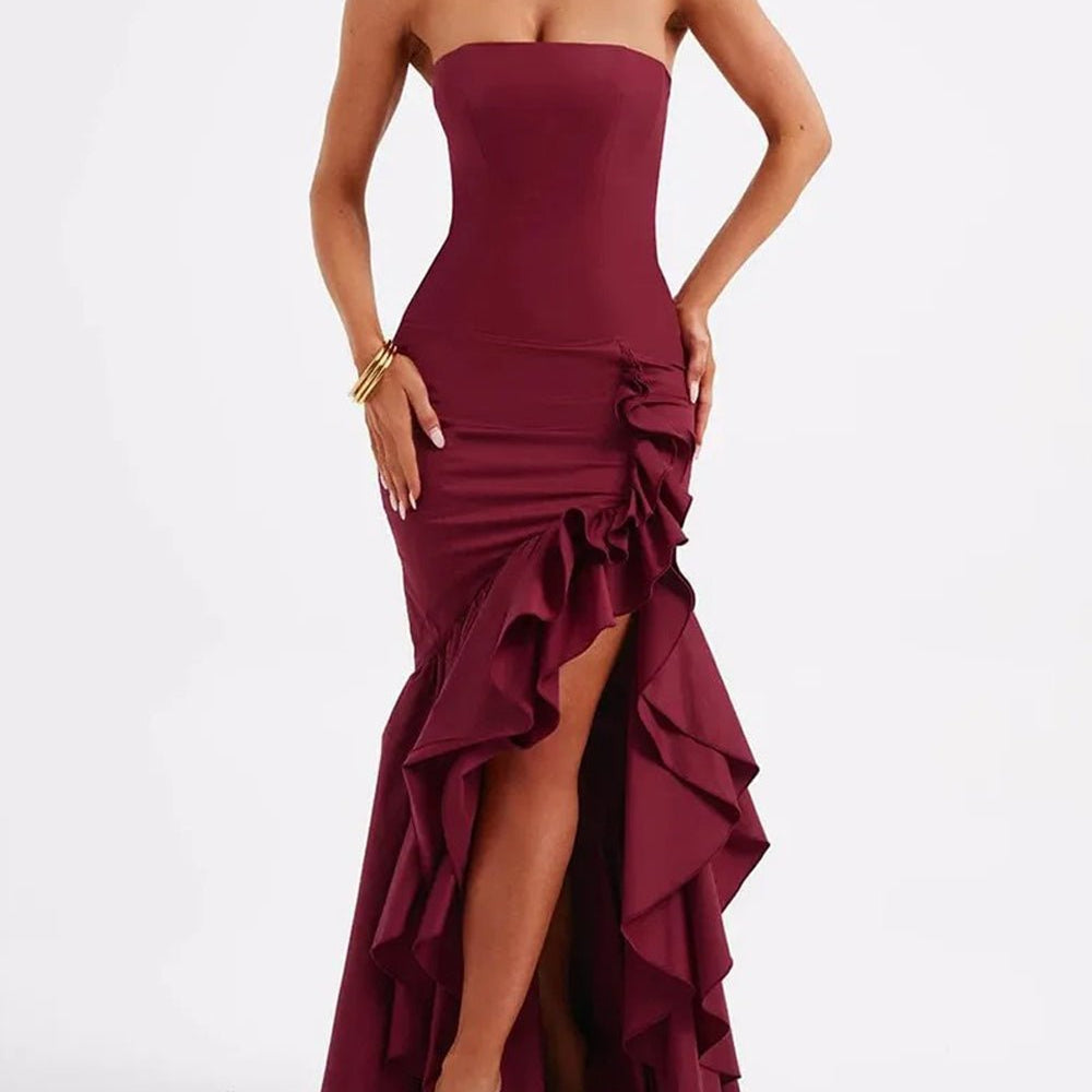 Eliza Strapless Split Ruffle Maxi Dress - Fashion Pov