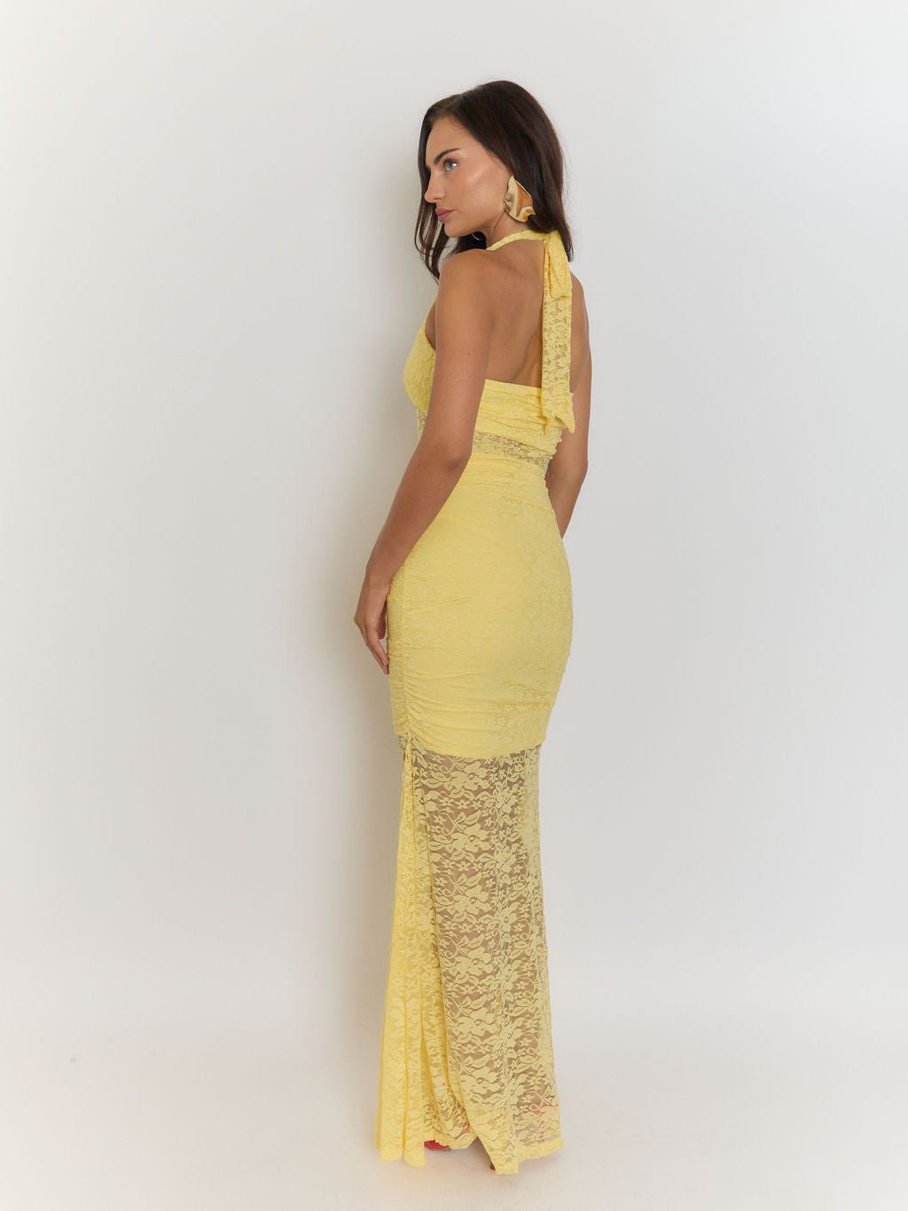 yellow backless bodycon dress Women'S Halter Backless Ruched Bodycon Mini Dress Short Homecoming Club Party Night Out Dresses Yellow M