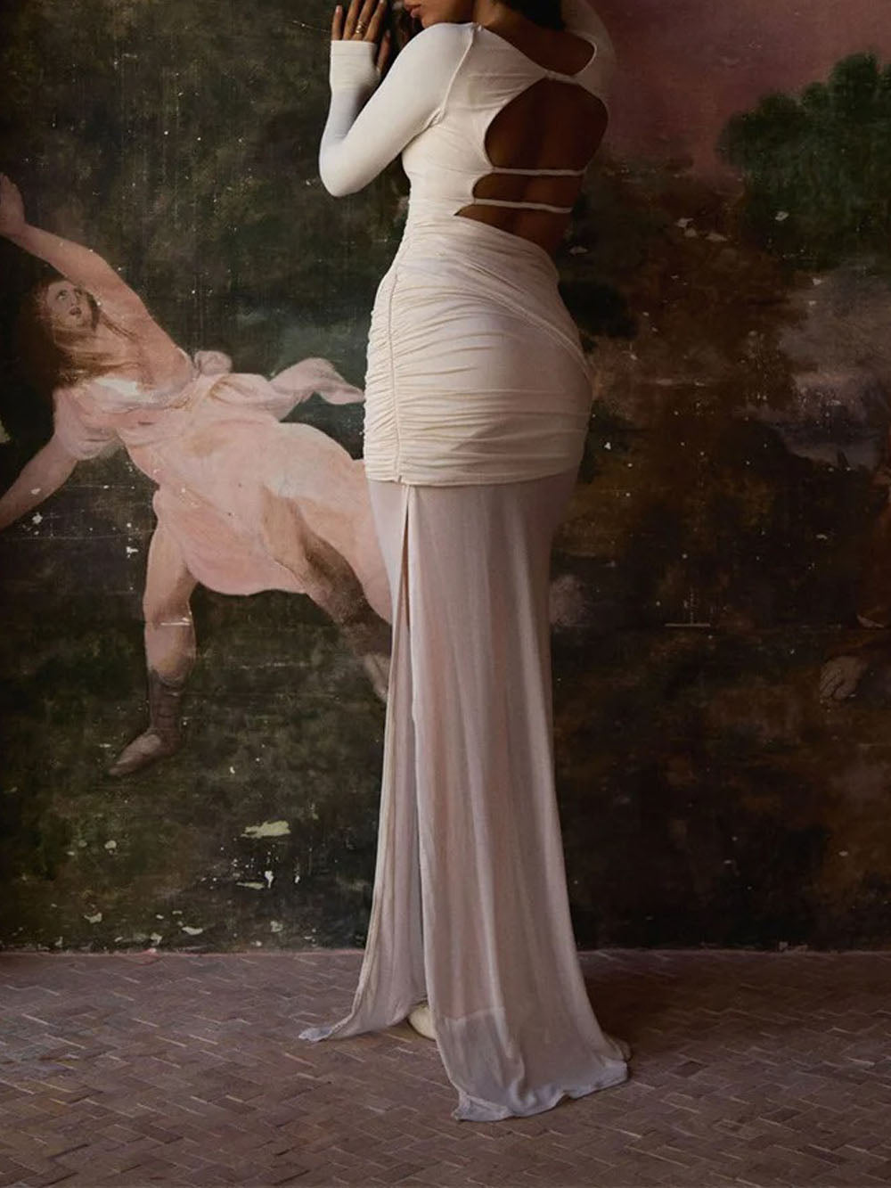 Elodie Ruched Backless Long Sleeve Dress - Fashion Pov