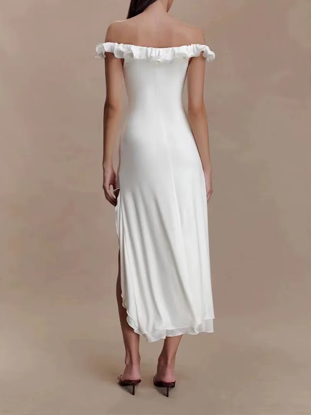 Elodie Ruffle Off Shoulder Midi Dress - Fashion Pov
