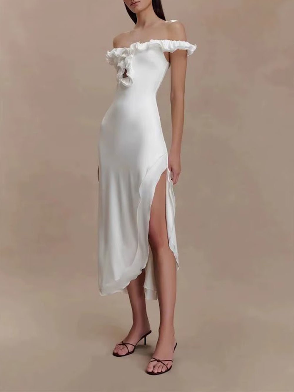 Elodie Ruffle Off Shoulder Midi Dress - Fashion Pov