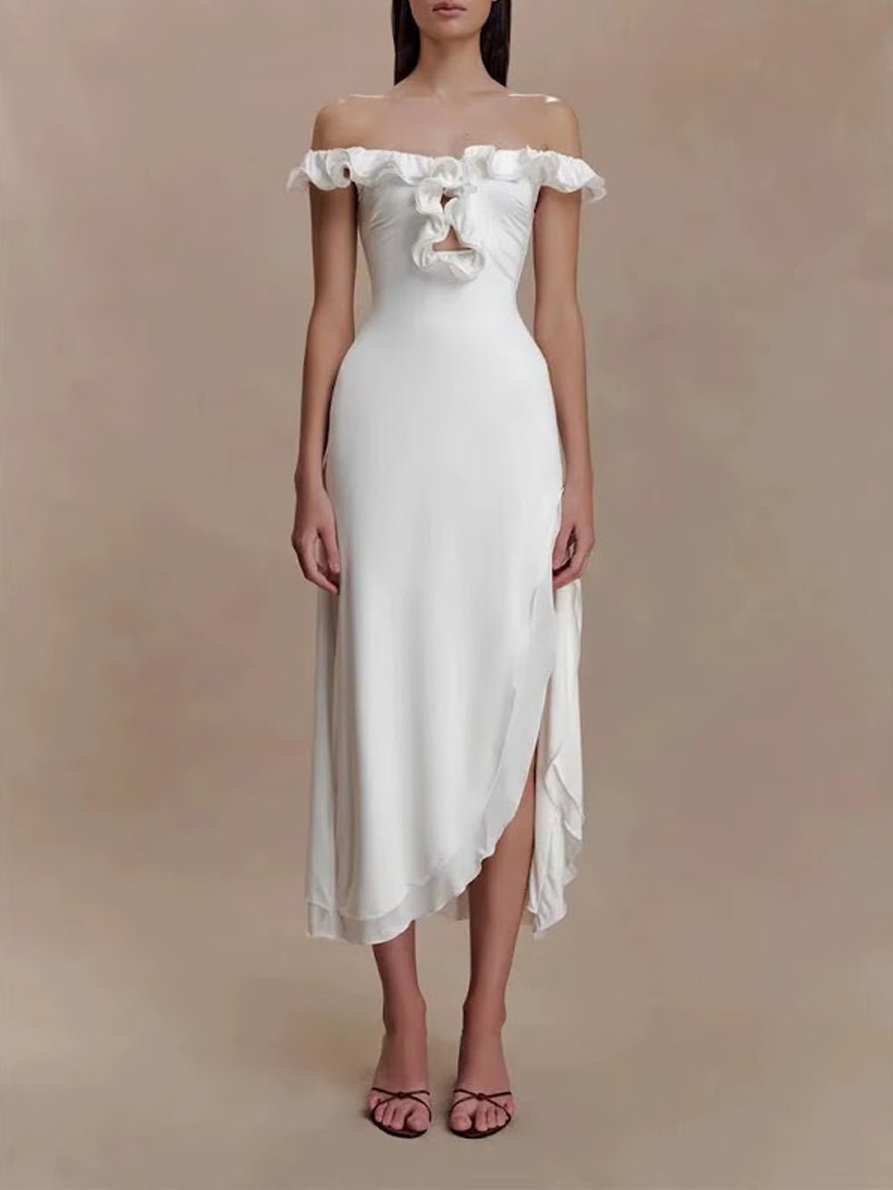 Elodie Ruffle Off Shoulder Midi Dress - Fashion Pov