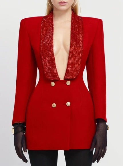 Emilyia Tunic Spliced Button Diamond Blazer - Fashion Pov