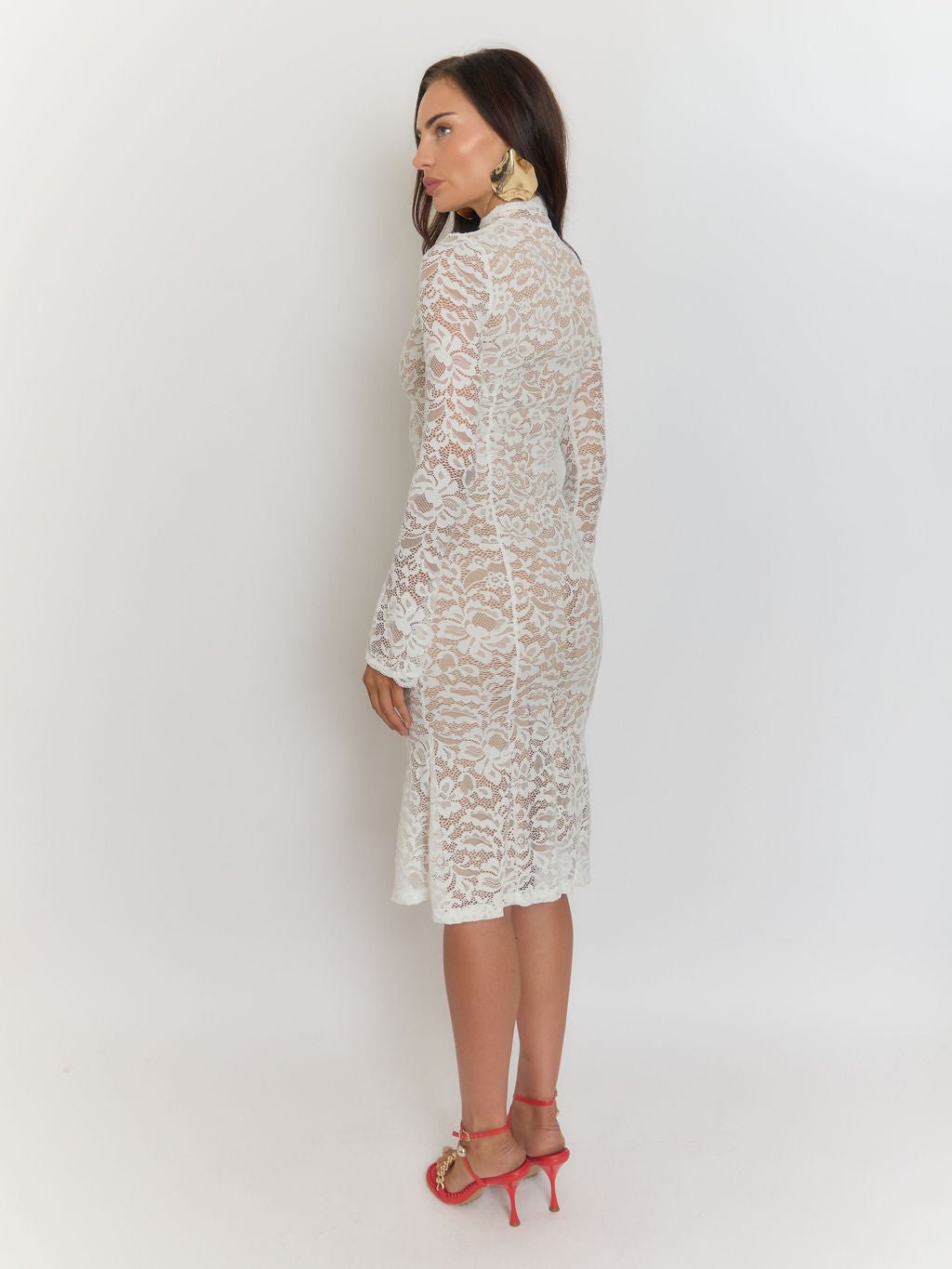 knee length dresses for ladies Giulia High Collar Lace Midi Dress White / L knee length dresses for ladies Giulia High Collar Lace Midi Dress White / L
