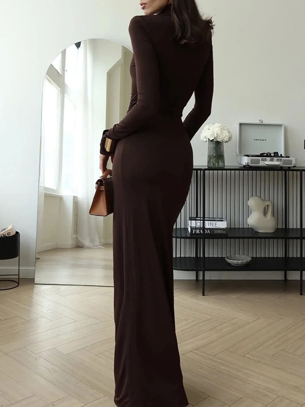 Turtleneck Long Sleeve Slit Maxi Dress Dark Brown / S Turtleneck Long Sleeve Slit Maxi Dress Dark Brown / S