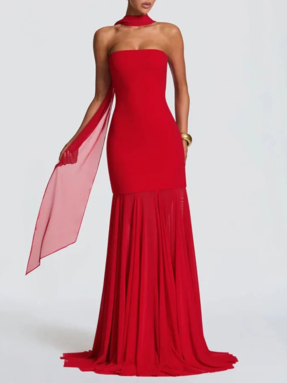 Isabella Strapless Scarf Collar Gown - Fashion Pov