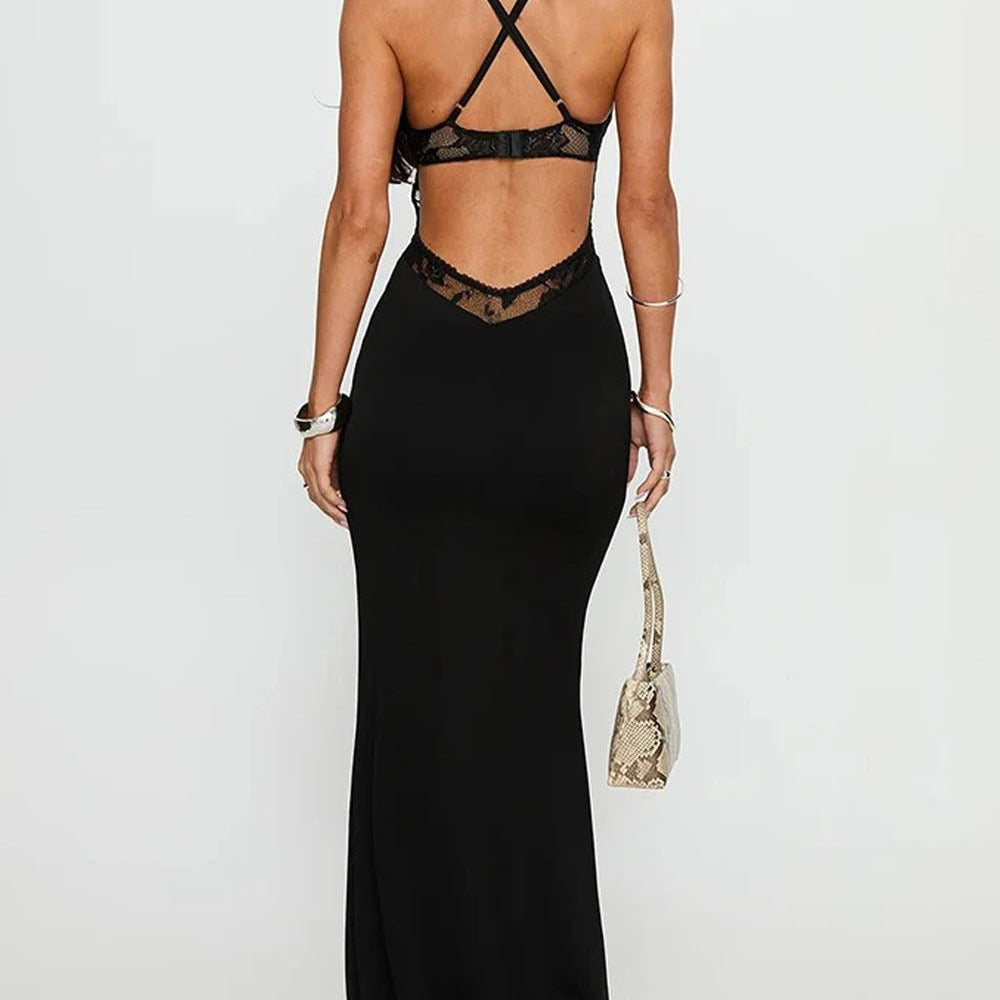 Isla Lace Deep V Maxi Dress Black - Fashion Pov