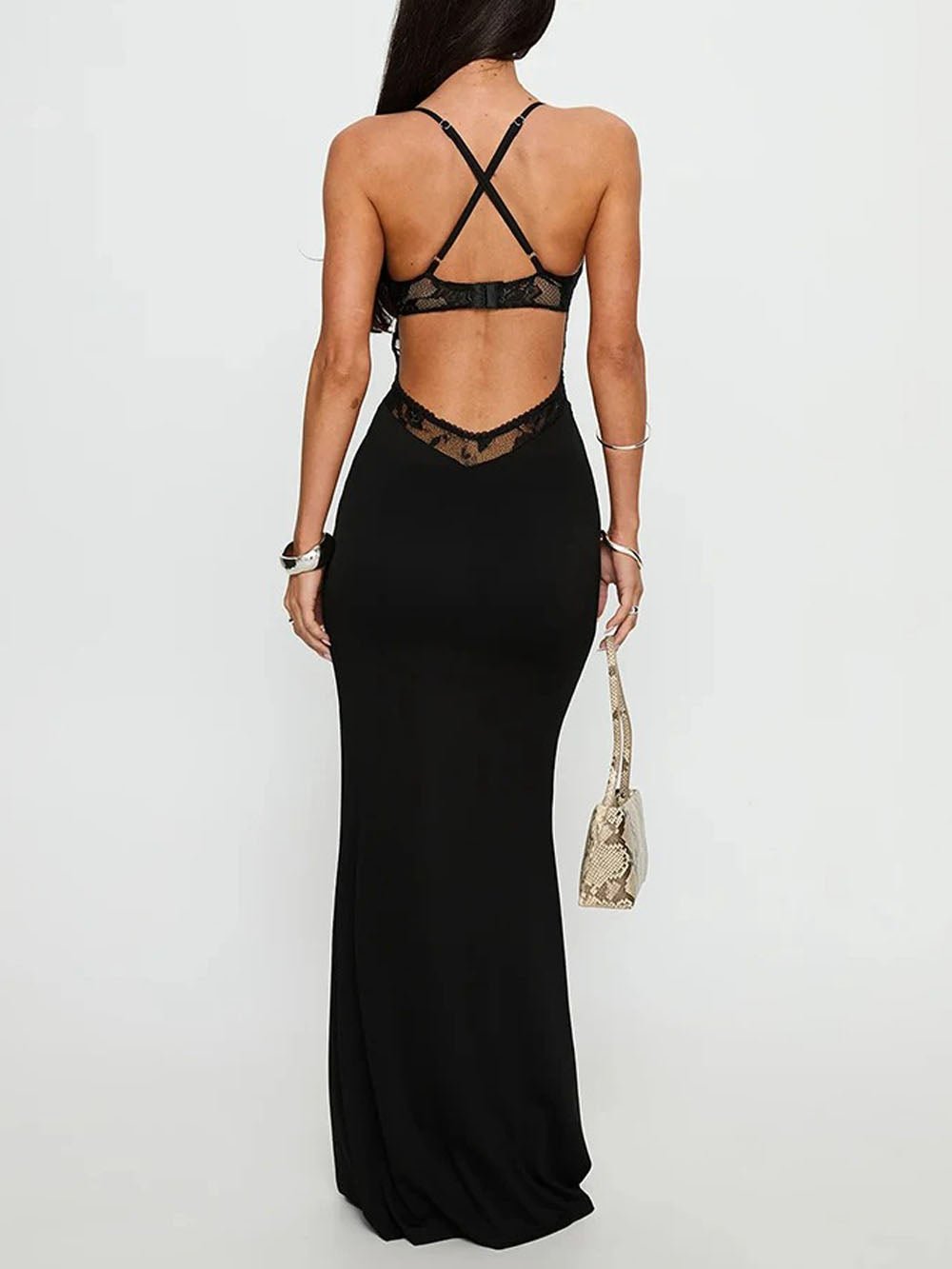Isla Lace Deep V Maxi Dress Black - Fashion Pov