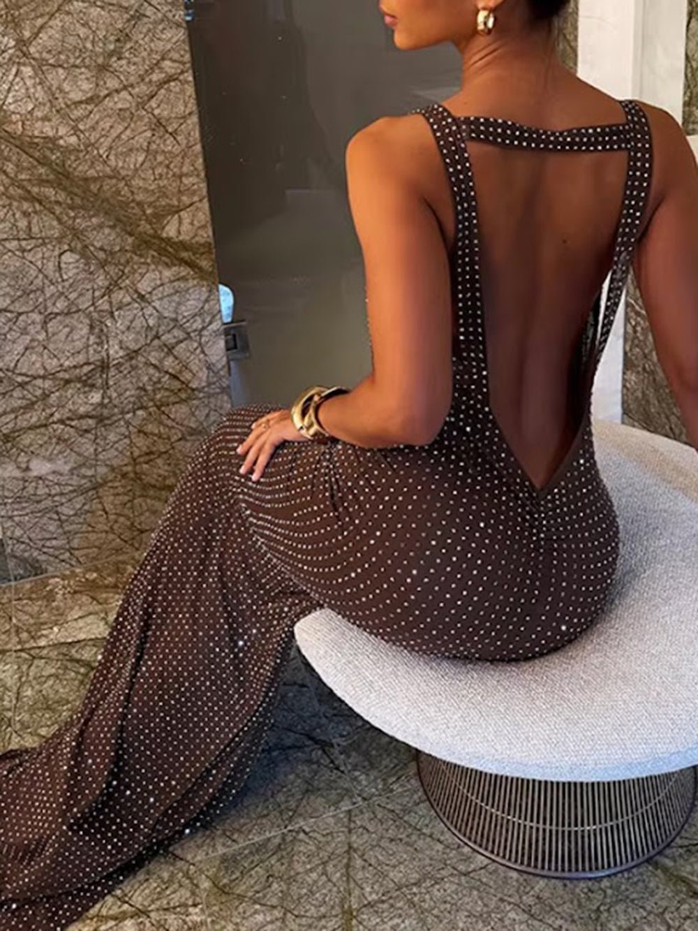 Juliette Crystal Mesh Plunge Gown - Fashion Pov