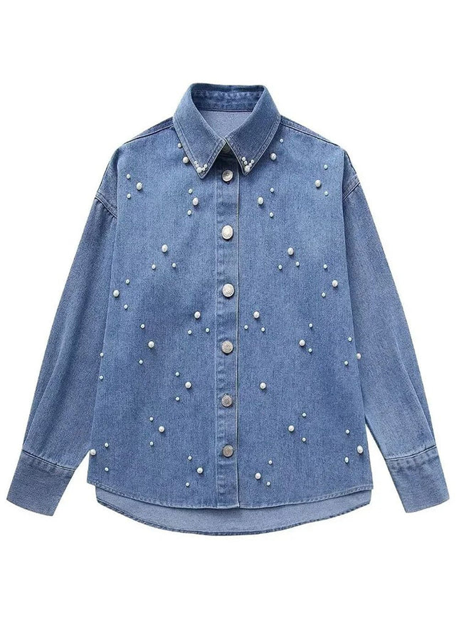 Kari Faux Pearl Denim Single Breasted Shirt - Fashion Pov