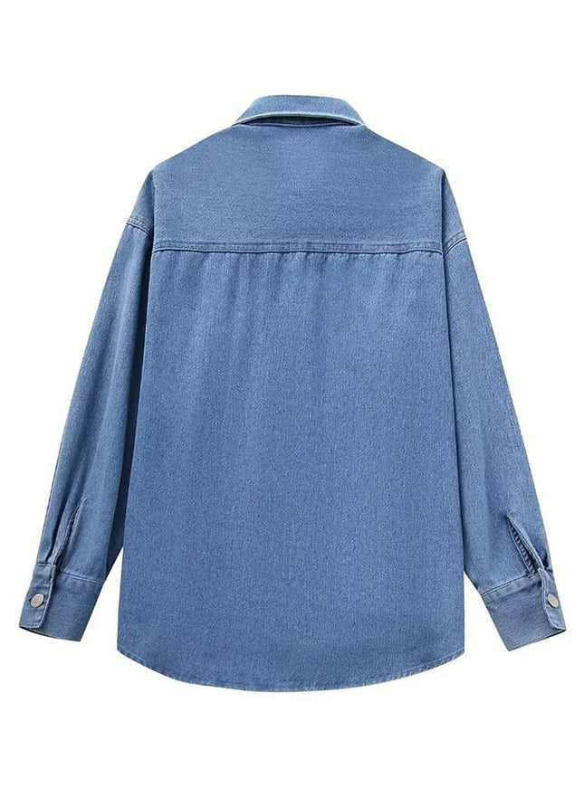 Kari Faux Pearl Denim Single Breasted Shirt - Fashion Pov