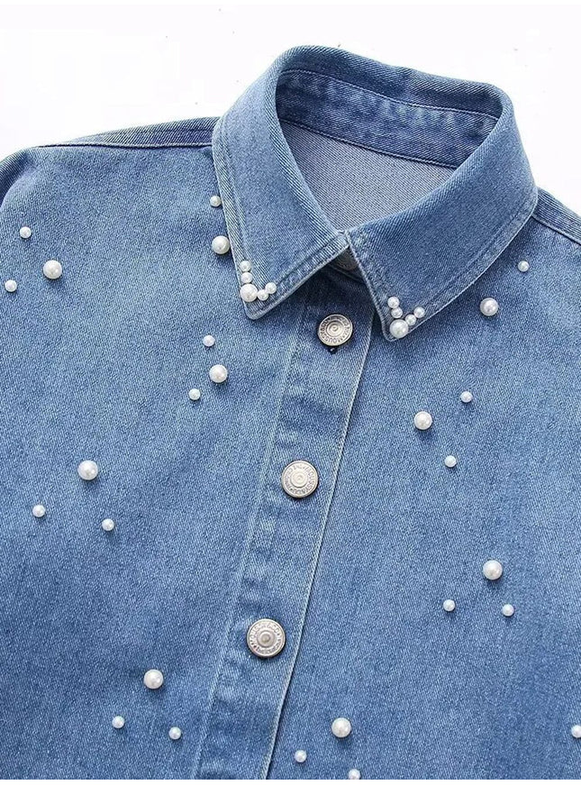 Kari Faux Pearl Denim Single Breasted Shirt - Fashion Pov