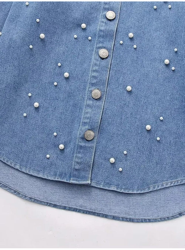 Kari Faux Pearl Denim Single Breasted Shirt - Fashion Pov