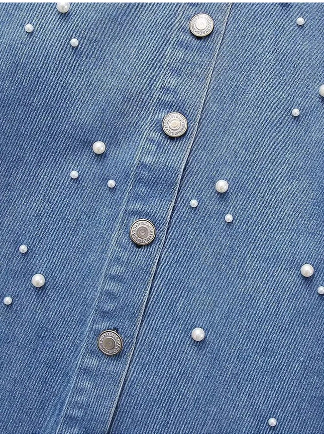 Kari Faux Pearl Denim Single Breasted Shirt - Fashion Pov