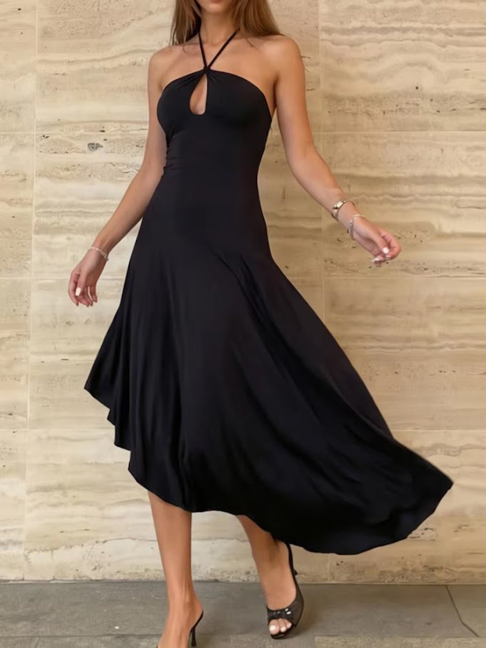 Livia Keyhole Halter Asymmetric Midi Dress - Fashion Pov