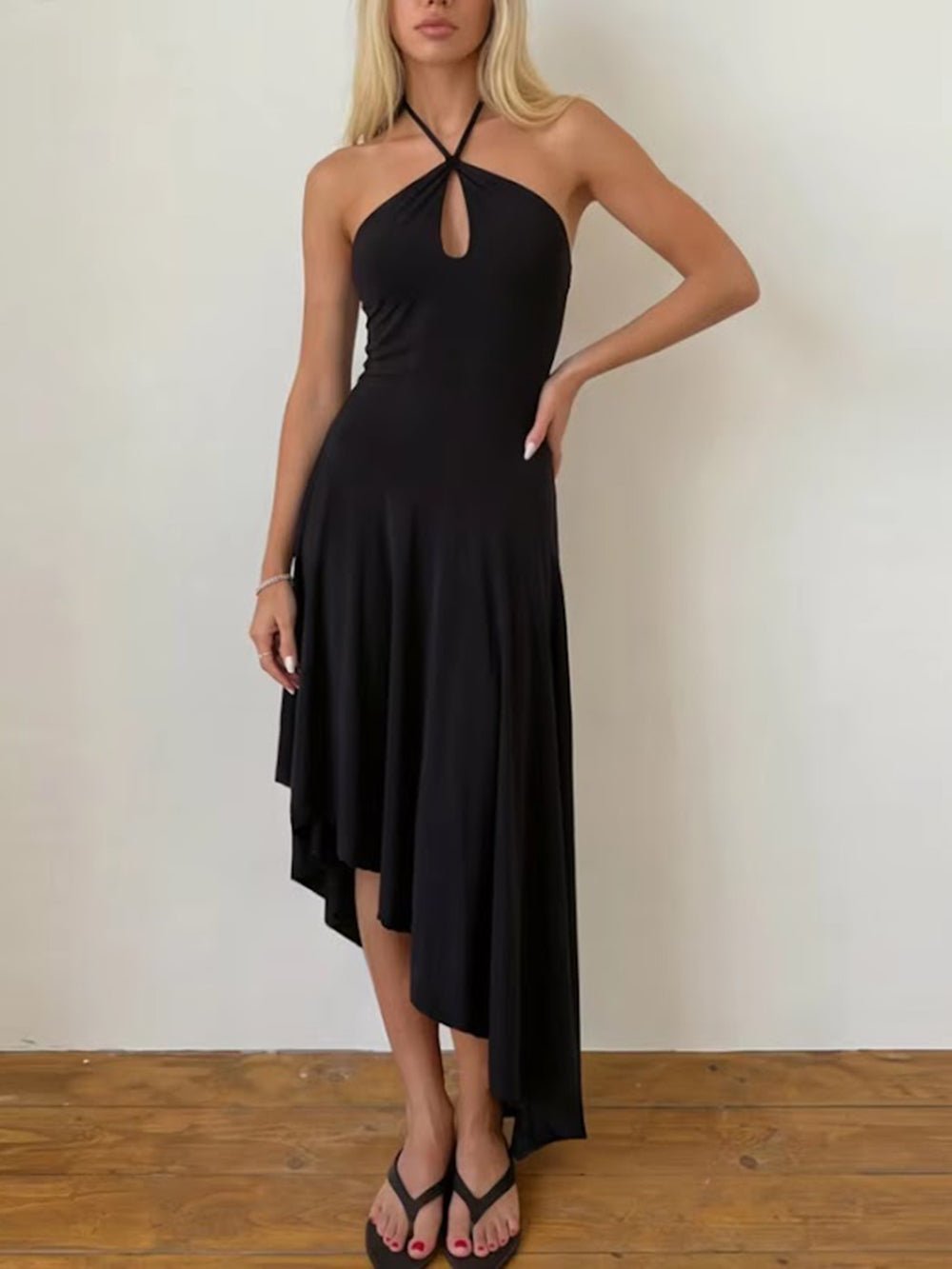 Livia Keyhole Halter Asymmetric Midi Dress - Fashion Pov