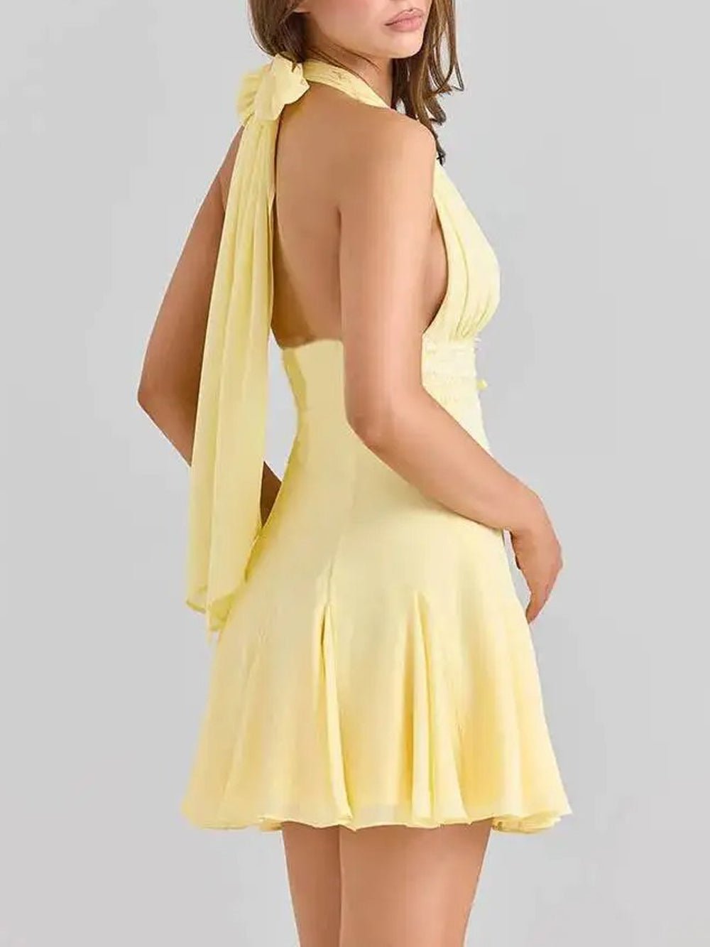 'Ailani' Butter Yellow Georgette Halter Neck Mini Dress 'Ailani' Butter Yellow Georgette Halter Neck Mini Dress