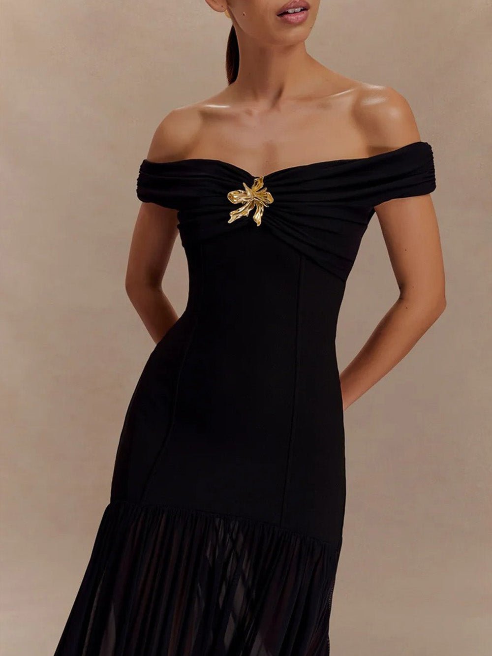 Marielle Off - Shoulder Pleated Maxi Dress - Fashion Pov