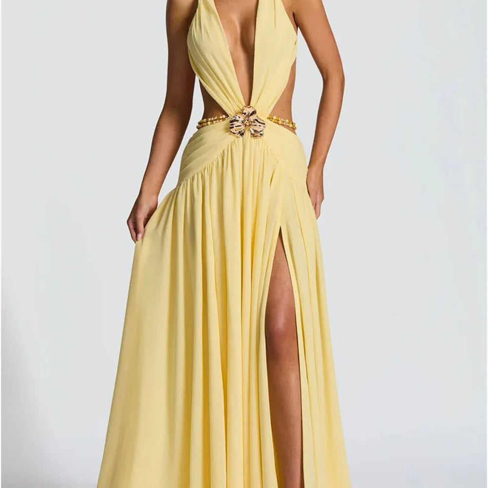 Marina Deep V Buckle Maxi Dress - Fashion Pov