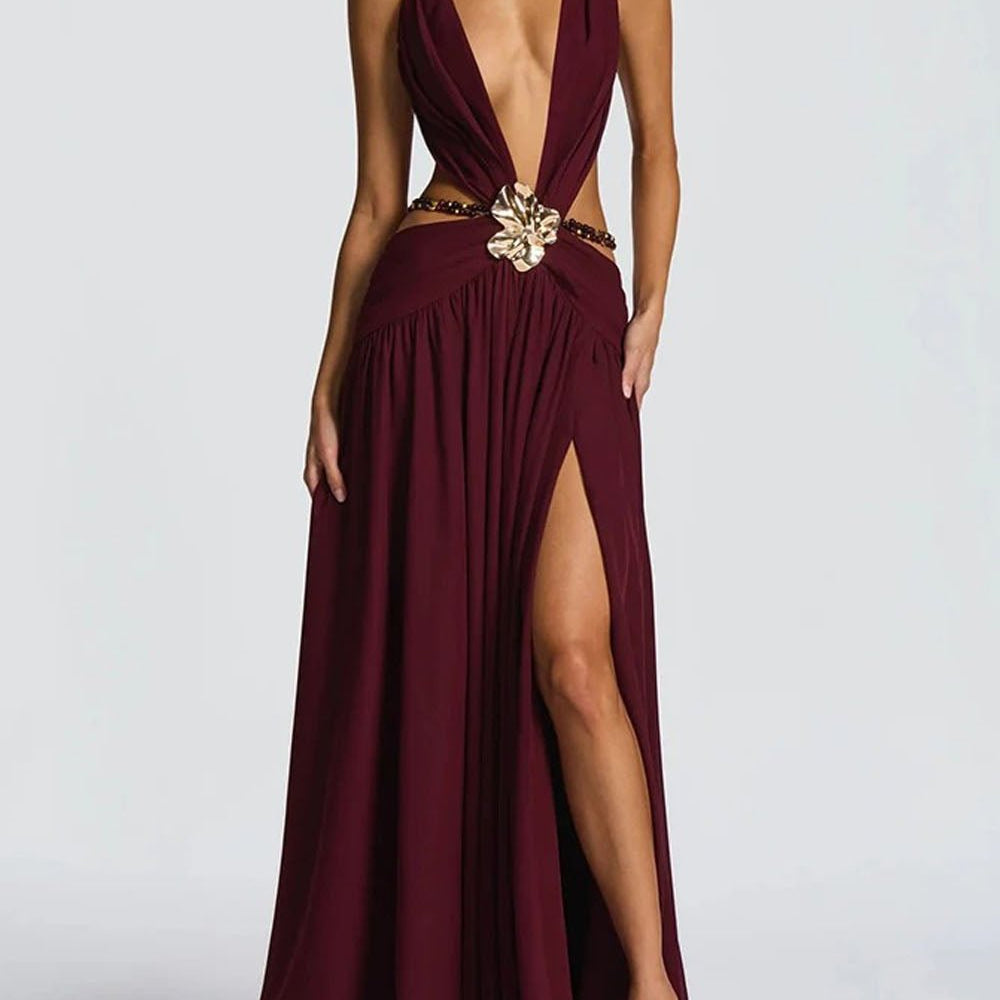 Marina Deep V Buckle Maxi Dress - Fashion Pov