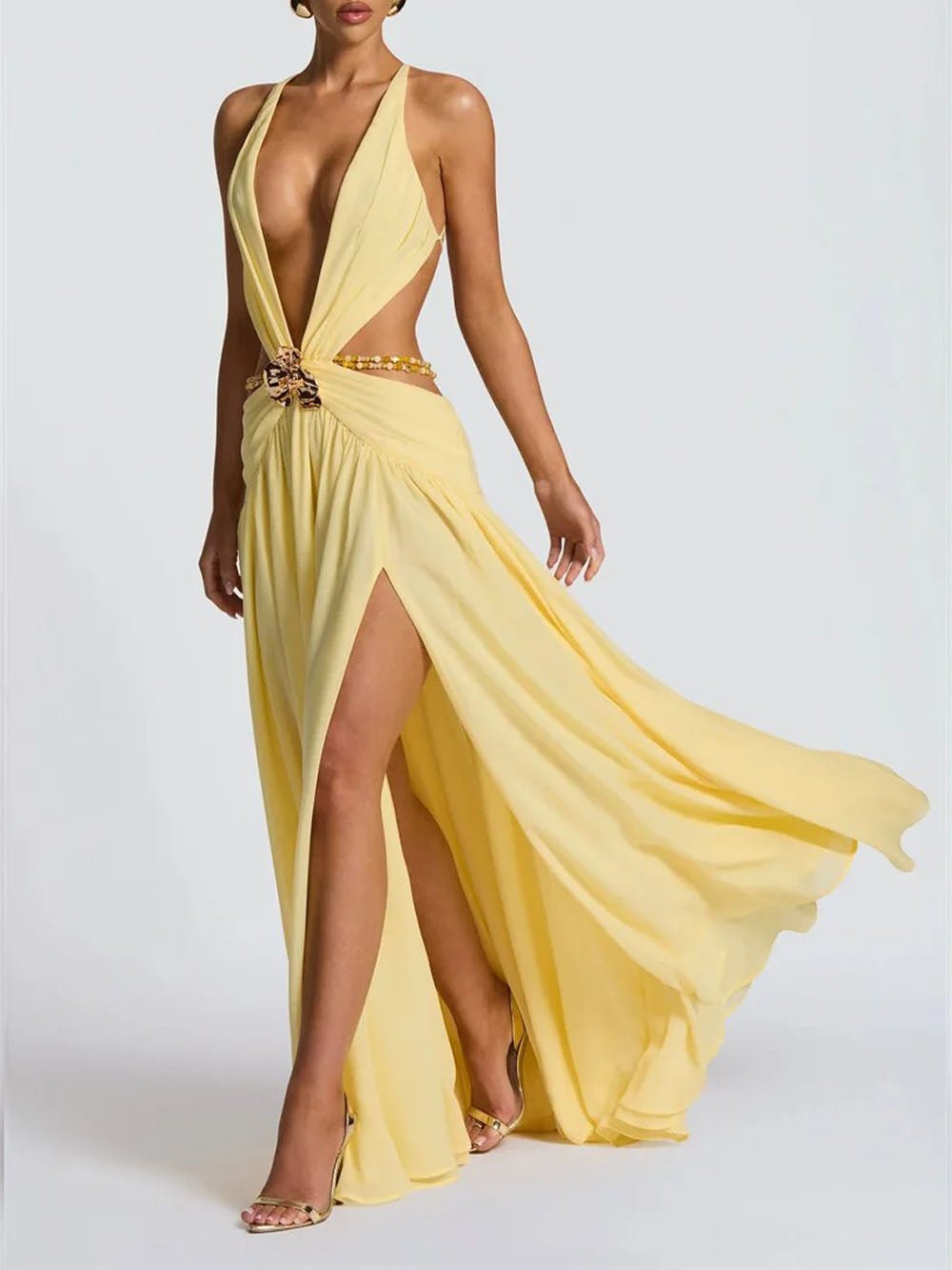 Marina Deep V Buckle Maxi Dress - Fashion Pov