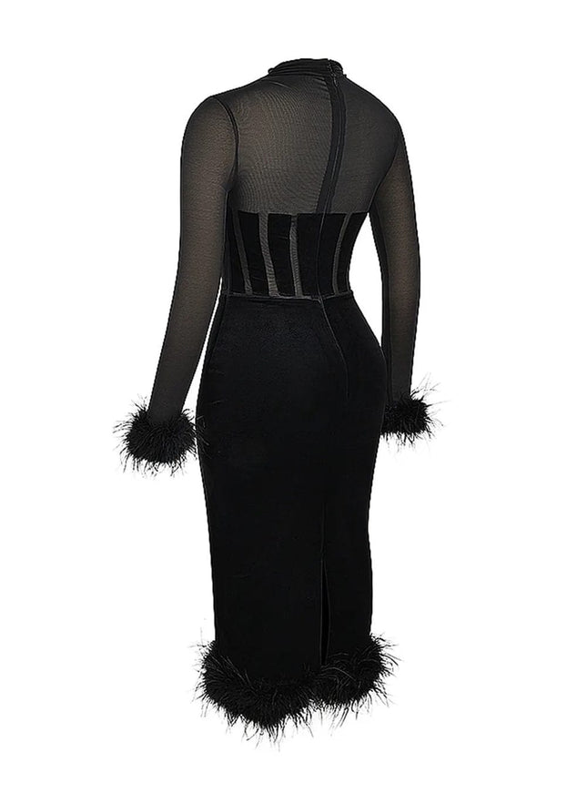 Mary Backless Bodycon Feather Midi Dress - Fashion Pov