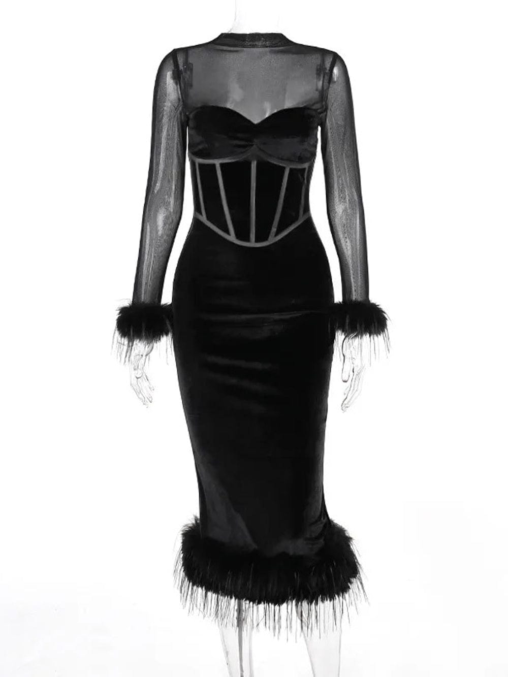 Mary Backless Bodycon Feather Midi Dress - Fashion Pov